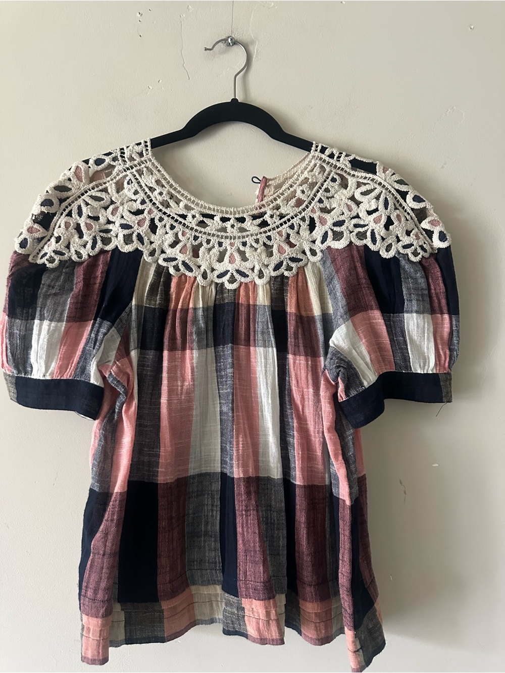 Anthropologie Plaid Crochet Yoke Peasant Blouse in Pink, Navy and Cream